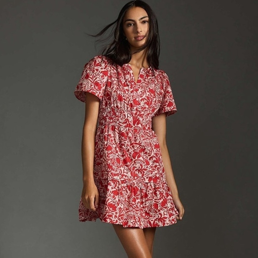 Anthropologie Red and White Patterned Mini Dress